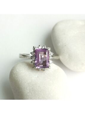 Amethyst White Topaz Halo ring Sterling Silver Size 6